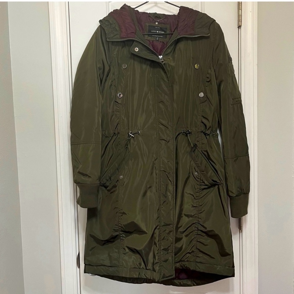 Lucky Brand Olive Green Puffer Coat with Burgundy Lining